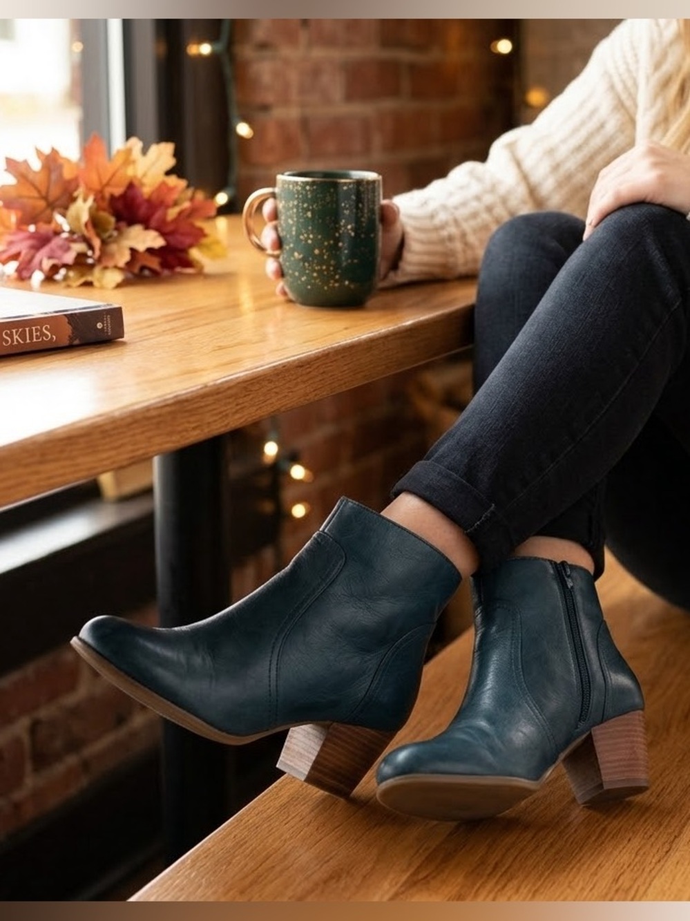 Sole Society Romy Dark Teal Blue Leather Ankle Booties Stacked Block Heel 9.5M